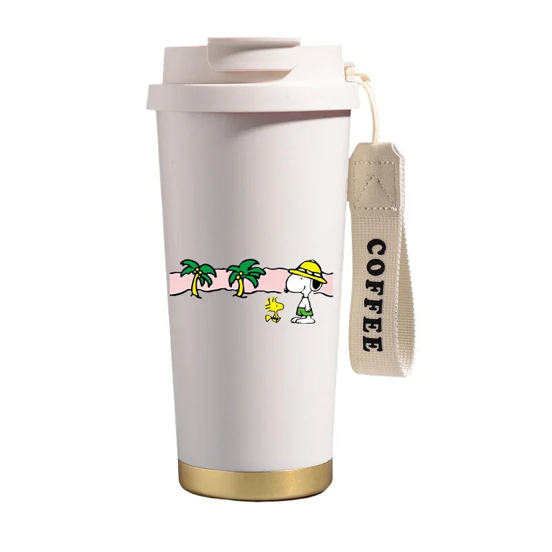 Garrafa térmica de aço inoxidável Snoopys 500ml, anime Kawaii, portátil, viagem, ar livre, carro, chá, café, caneca térmica fria