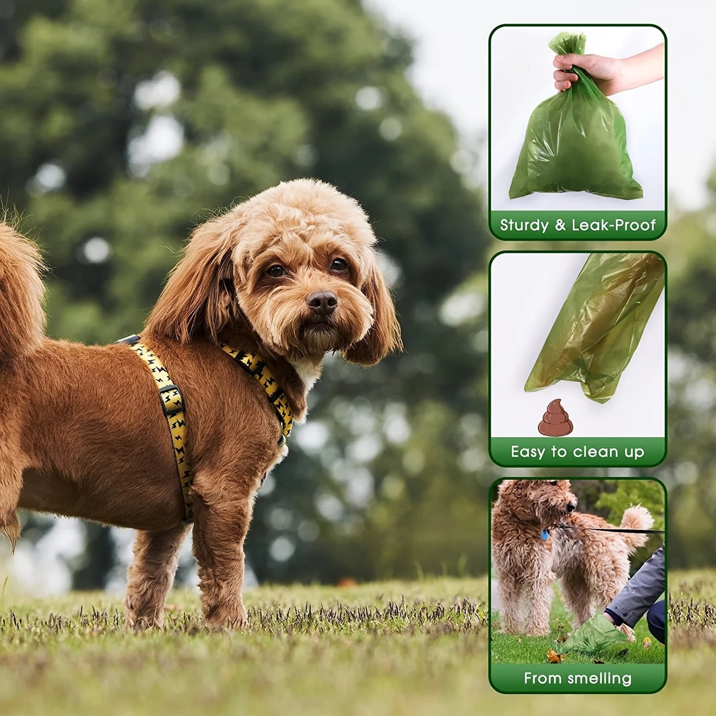 Sacos para cocô de cachorro biodegradáveis ​​à prova de vazamentos, sacos para resíduos de animais de estimação para passear com o cachorro, limpeza ao ar livre, dispensador de sacos de areia para gatos, pacote a granel