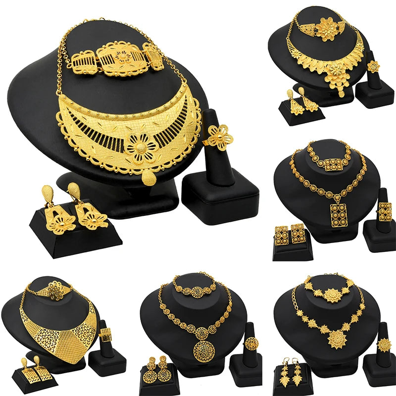 Conjunto de 4 peças banhadas a ouro para noivas, colar, brincos, anel, pulseiras, joias indianas femininas