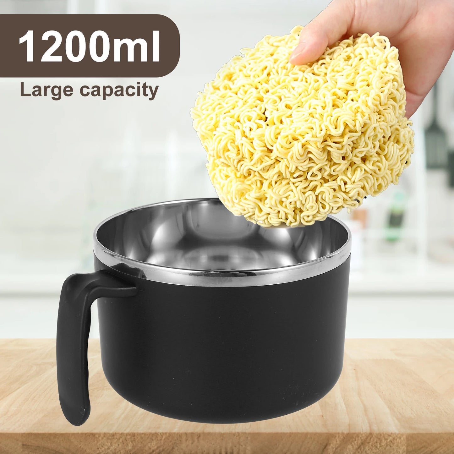 Tigela de macarrão instantâneo de aço inoxidável 1200ml com tampa resistente ao calor para macarrão instantâneo, utensílios de cozinha e utensílios de cozinha