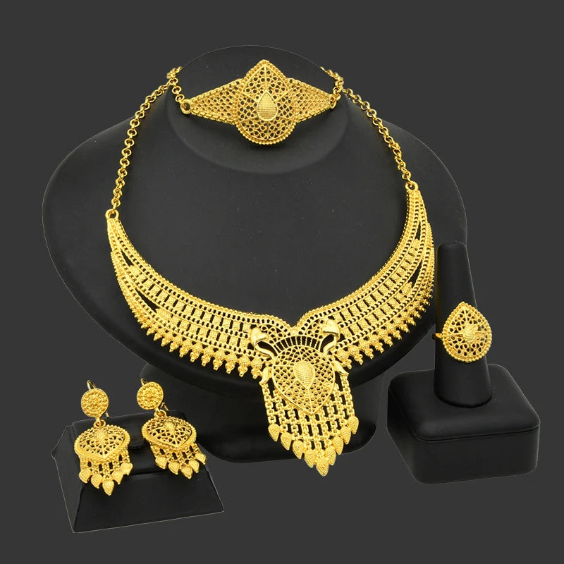 Conjunto de 4 peças banhadas a ouro para noivas, colar, brincos, anel, pulseiras, joias indianas femininas