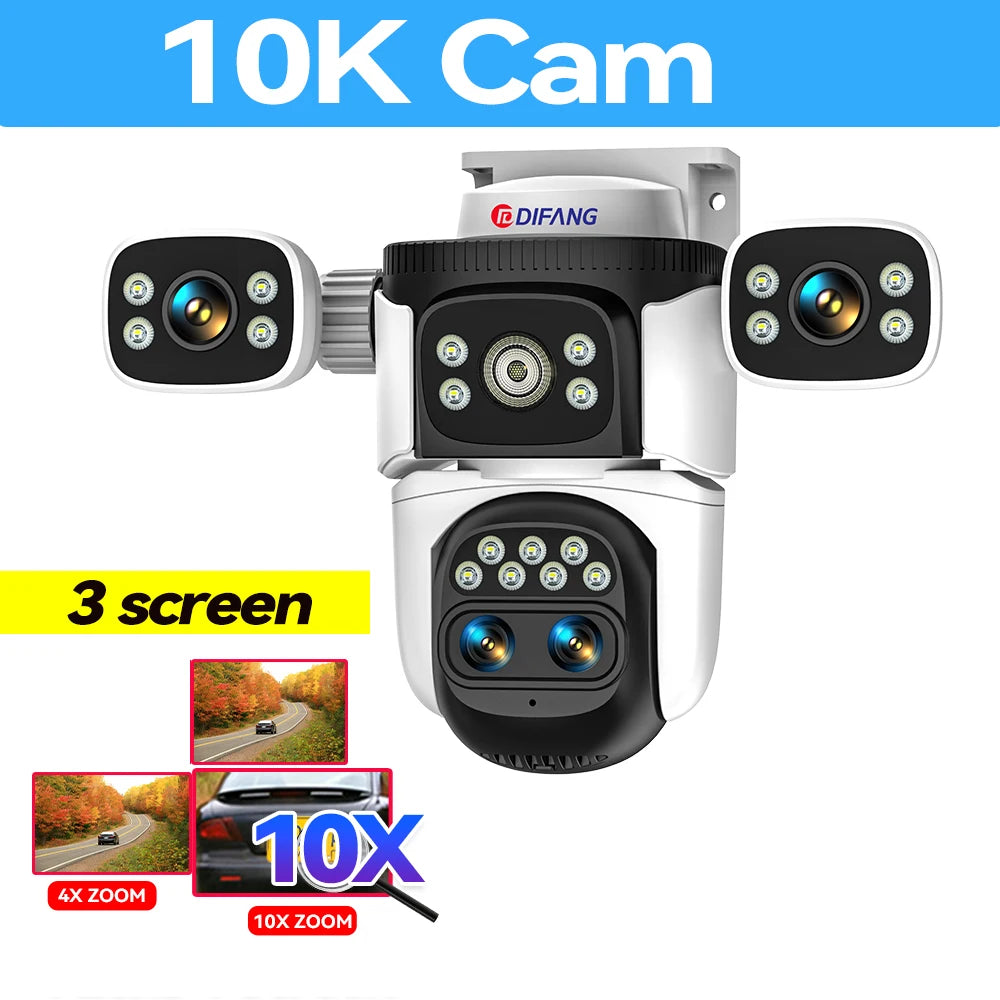 Câmera de segurança externa 10K WiFi6 com três telas, 20MP CCTV, câmera IP externa com zoom de 10X, 8K e 15MP, câmera de vigilância por vídeo