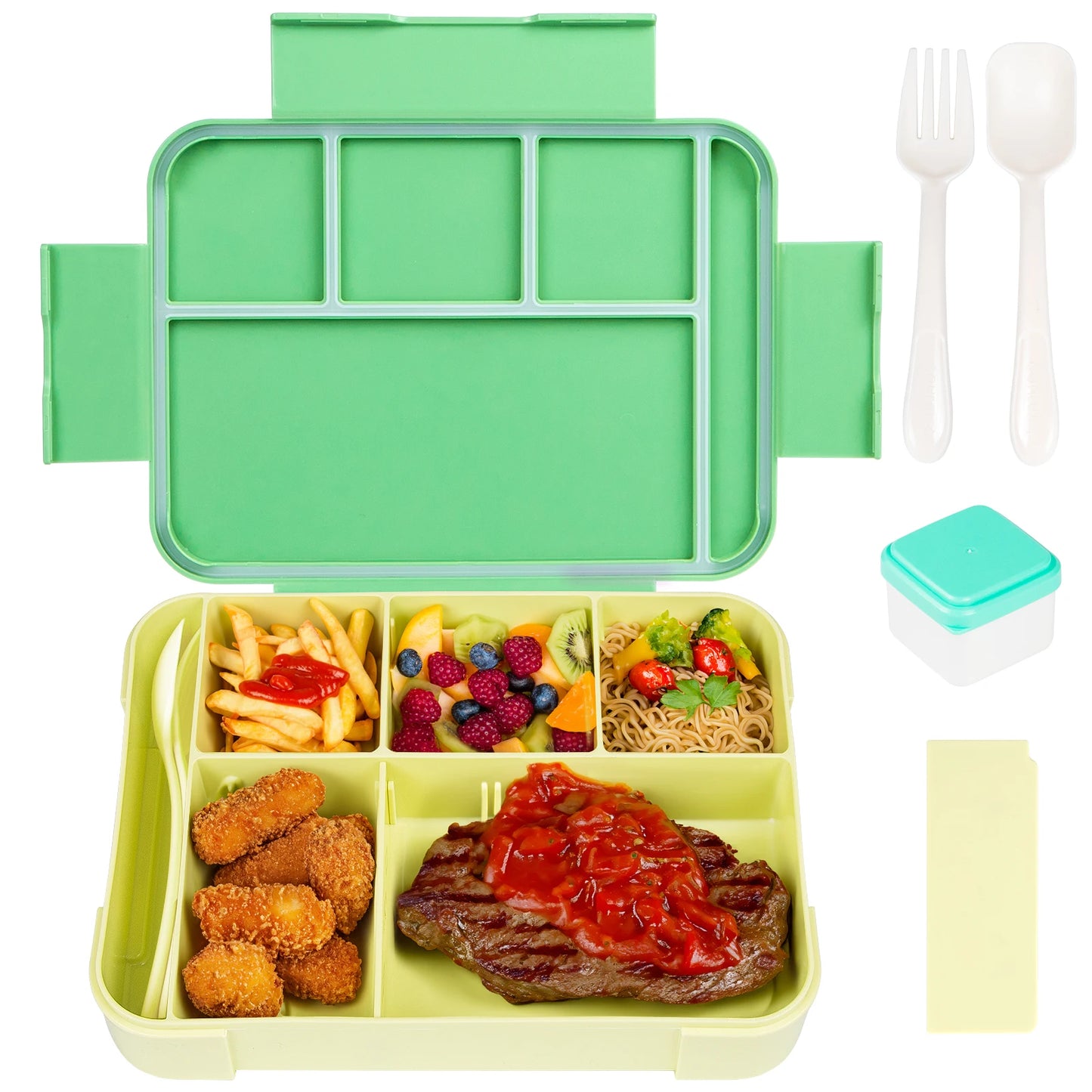 Lancheira Bento para adultos de 1330 ml, recipientes para alimentos com 6 compartimentos e utensílios de mesa para lanches, trabalho, escola, forno de micro-ondas, aquecimento