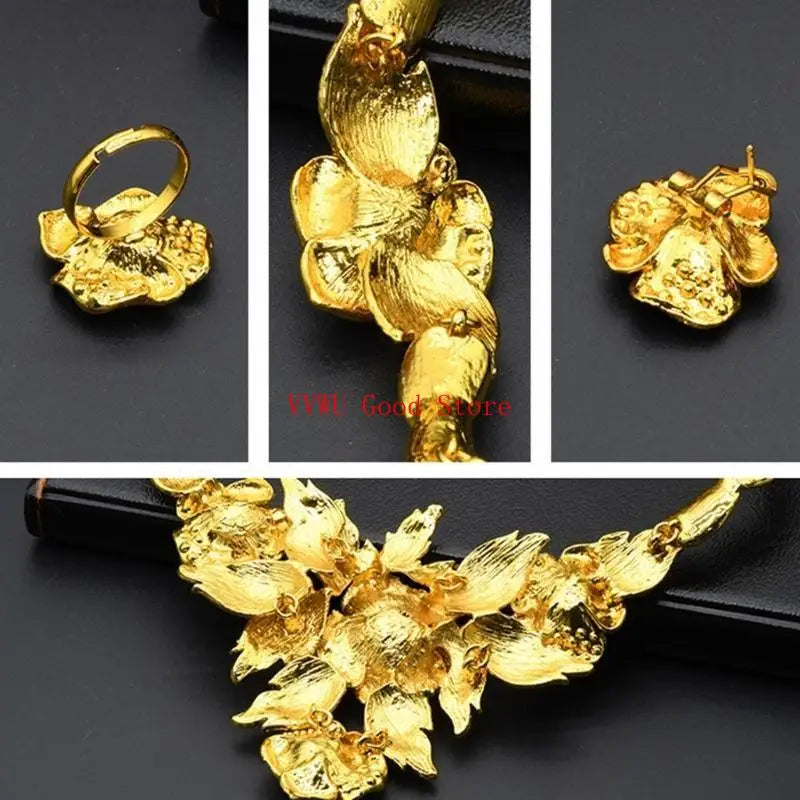 Conjunto de joias florais com strass dourados resistentes, acessório de moda portátil para noivas e festas noturnas