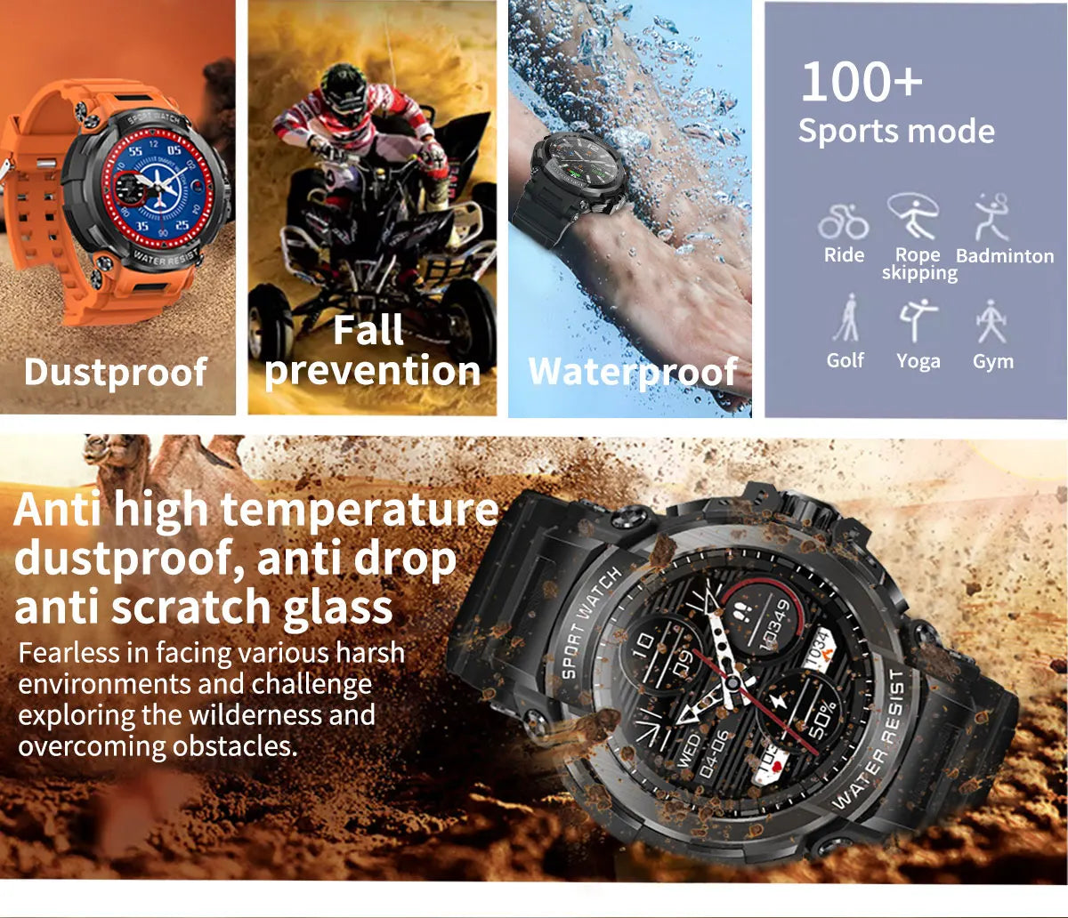 Novo Smartwatch Masculino 2025 com Tela HD de 1,5" e Chamadas Militares, IP68 à Prova D'água, 100 Modos Esportivos, com Bateria Grande de 600mAh