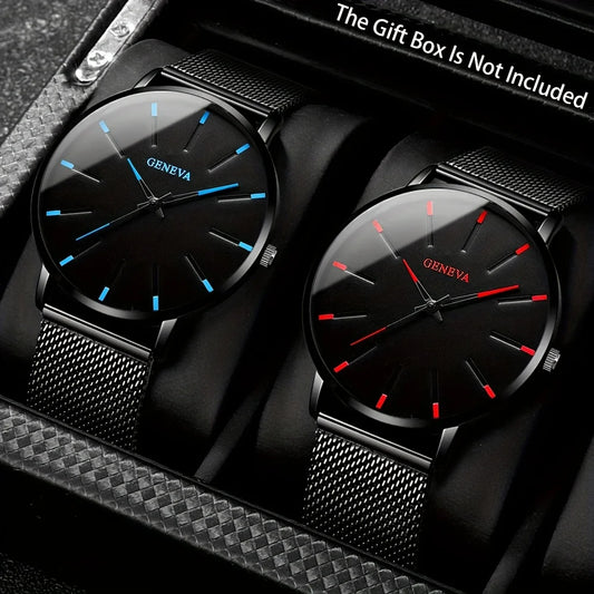 Relógio de quartzo masculino de 2 peças - redondo com função de data, pulseira de aço inoxidável