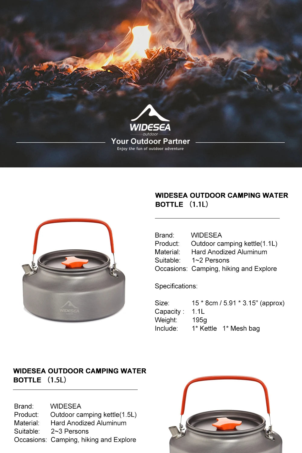 Chaleira de água Widesea 1,1L 2L 1,5L para acampamento, chaleira de café ao ar livre, utensílios de mesa, conjunto de piquenique, equipamentos, utensílios de cozinha para turismo