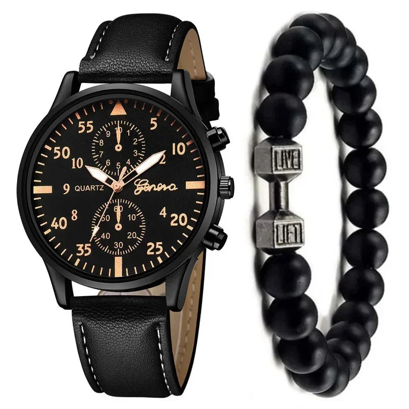 Conjunto de relógios esportivos masculinos 4/2/1 peças, relógio de pulso de quartzo luxuoso com pulseira de couro marrom, relógio casual masculino (sem caixa)