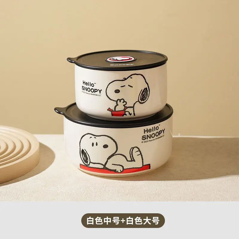 Tigela de segurança periférica de desenho animado do Snoopy, caixa de cerâmica selada com tampa, pode ser levada ao micro-ondas e portátil para trabalhadores de escritório
