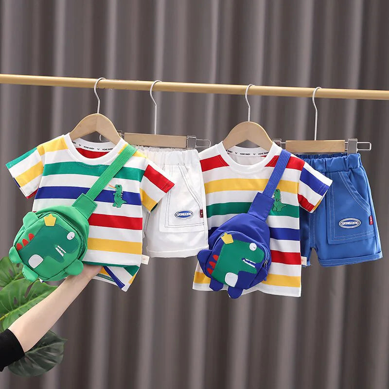 Conjunto de roupas de verão fofo de dinossauro com estampa de desenho animado infantil, camiseta com gola redonda + shorts + bolsa para bebês meninos e meninas, novos agasalhos infantis