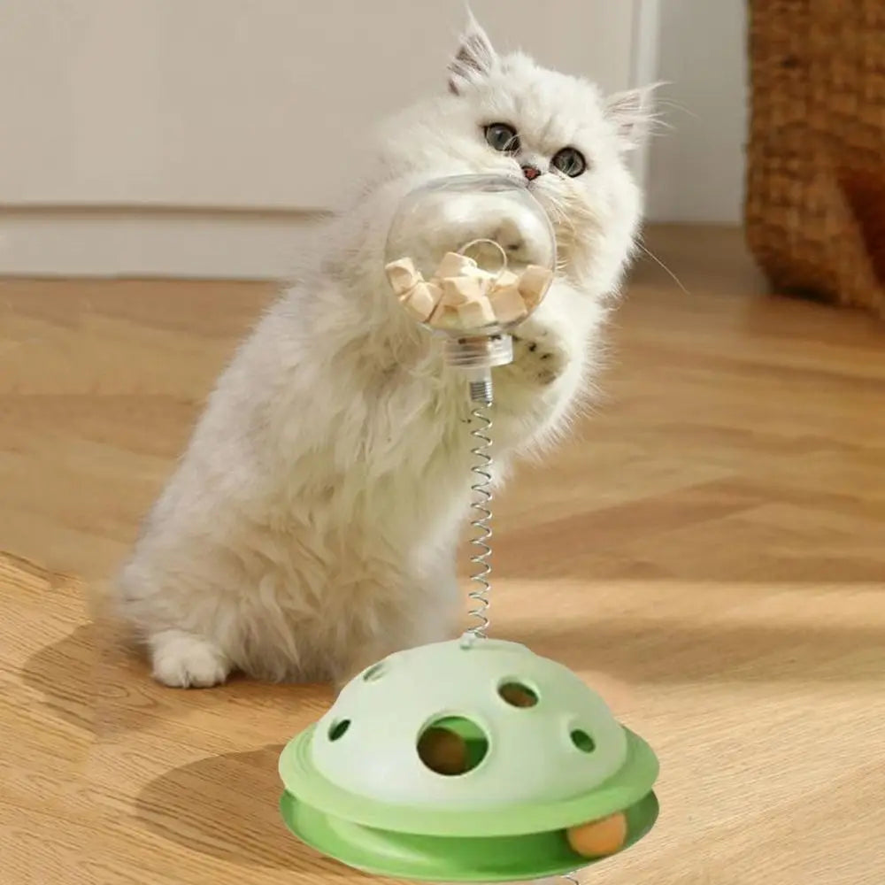 Plastic Cat Leaking Food Ball Detachable Interactive Cat Turntable Toy with Spring Rod Cat Track Kitten Playing Balls Toy