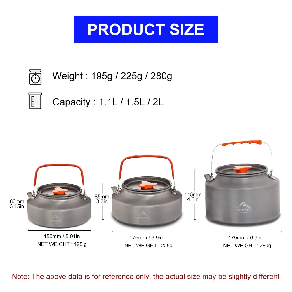 Chaleira de água Widesea 1,1L 2L 1,5L para acampamento, chaleira de café ao ar livre, utensílios de mesa, conjunto de piquenique, equipamentos, utensílios de cozinha para turismo