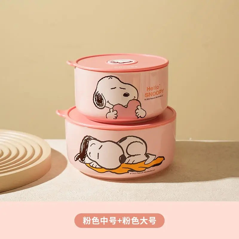 Tigela de segurança periférica de desenho animado do Snoopy, caixa de cerâmica selada com tampa, pode ser levada ao micro-ondas e portátil para trabalhadores de escritório