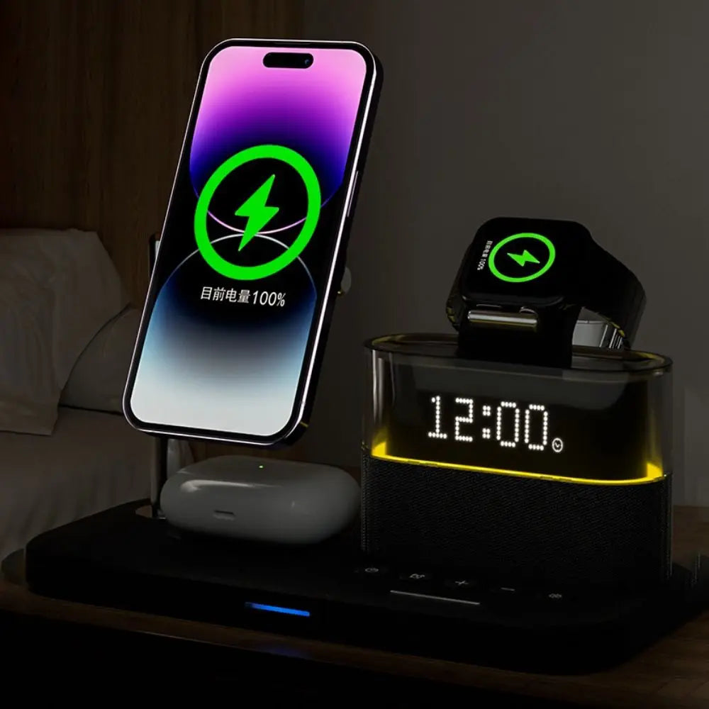 Carregador sem fio Qi2 5 em 1, carregamento rápido de 15 W, suporte magnético com despertador e suporte para carregamento de telefone