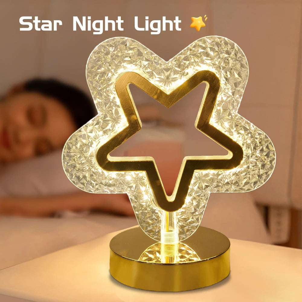 Luminária de mesa com estrela e lua, LED, iluminação decorativa, luz noturna, recarregável por USB, luz de cabeceira, luz noturna com lua e estrela