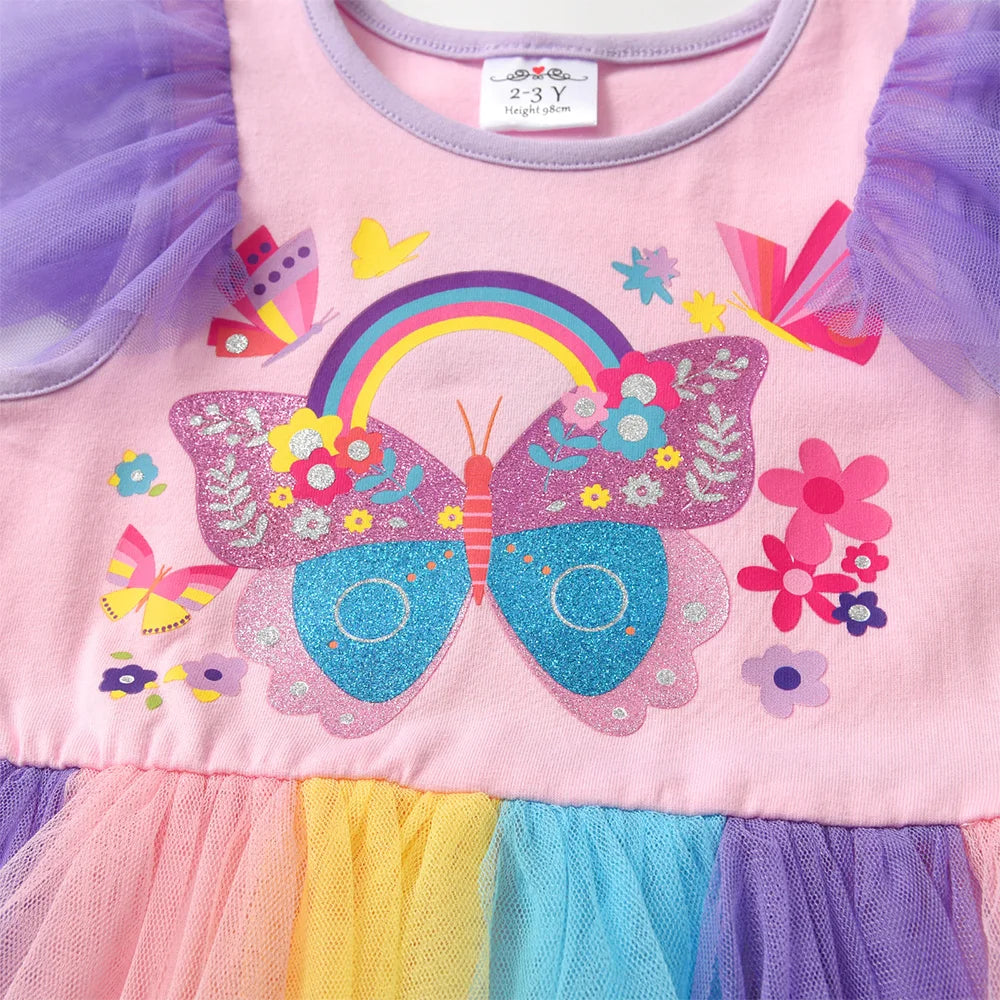 VIKITA Kids Butterfly Flower Print Flare Sleeve Dress Kids Pink Summer Party Vacation Beach Princess Dresses for Kids Clothing