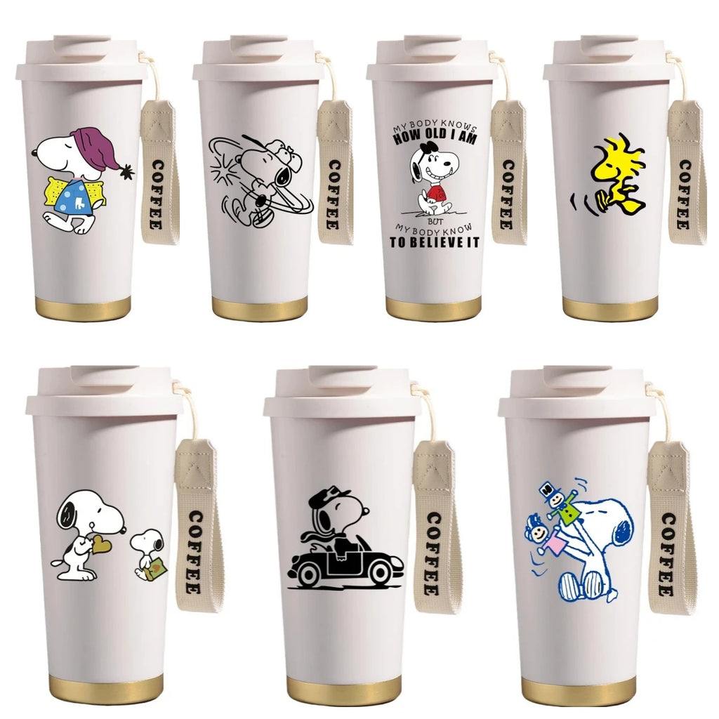 500ml Snoopys Stainless Steel Insulated Water Bottle Anime Kawaii Portable Travel Outdoor Car Tea Coffee Mug Cold Thermos Cup