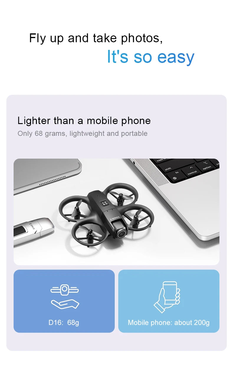 Mini drone Xiaomi D16 com câmera HD 8K ajustável de 180° e WiFi com fluxo de luz, drone de bolso para evitar obstáculos, quadricóptero RC