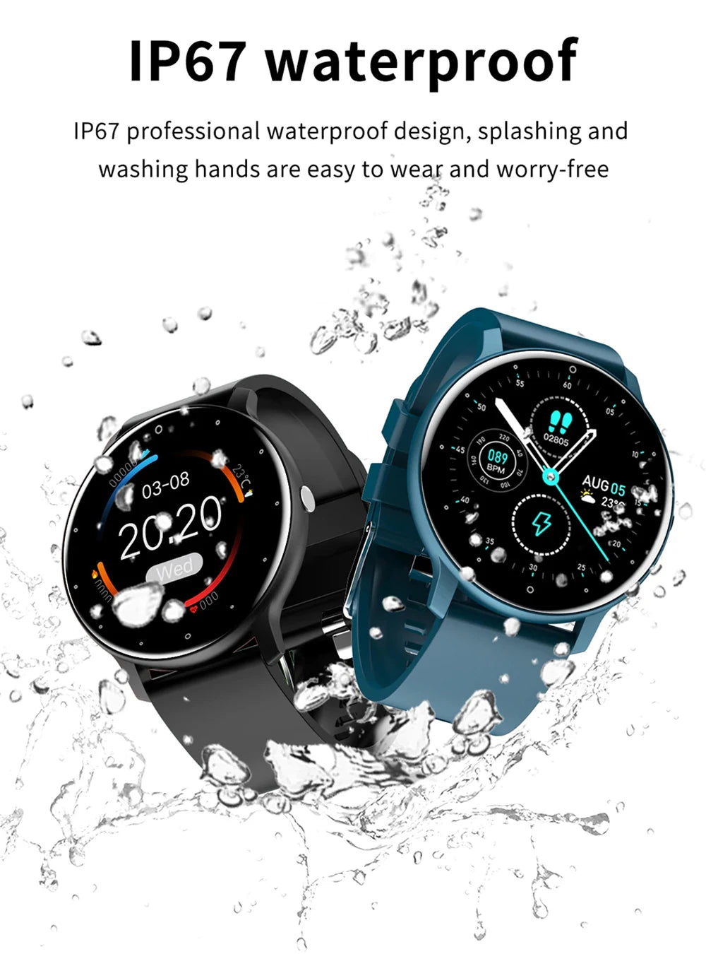 Relógio inteligente ZL02 com tela sensível ao toque, esportivo, fitness, IP67, à prova d'água, Bluetooth, recarregável, presente para homens e mulheres