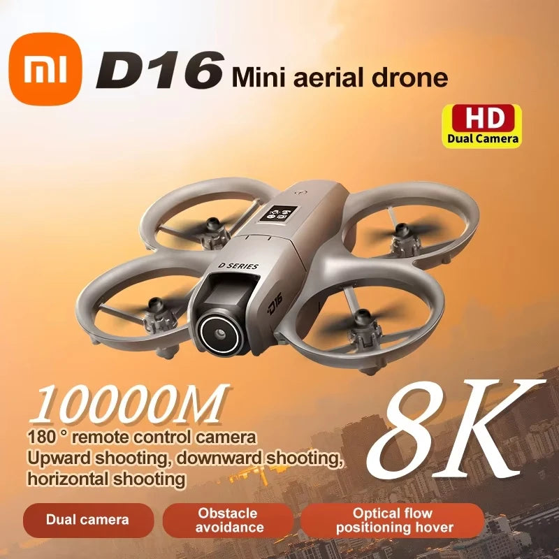 Mini drone Xiaomi D16 com câmera HD 8K ajustável de 180° e WiFi com fluxo de luz, drone de bolso para evitar obstáculos, quadricóptero RC