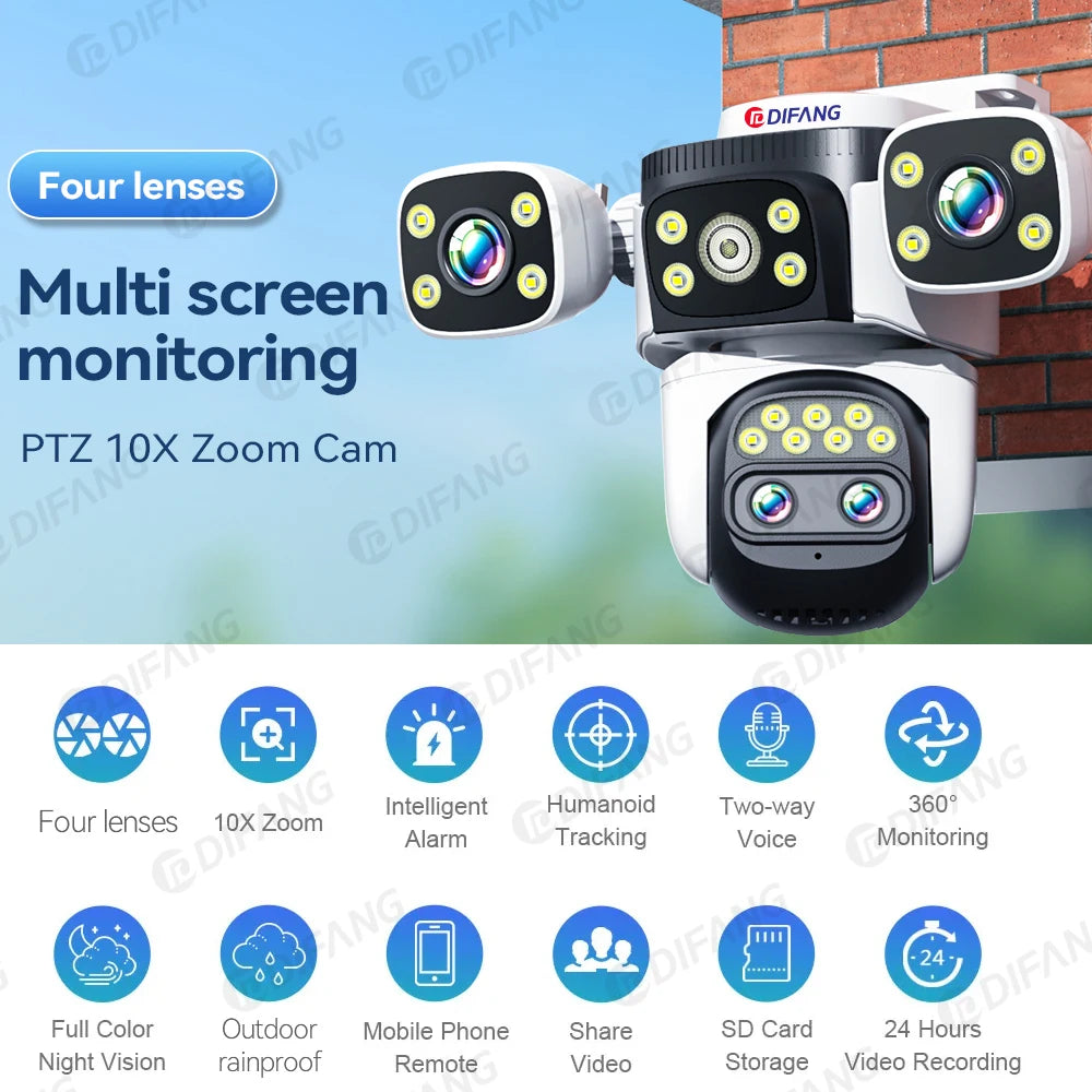 Câmera externa 10K com zoom óptico de 10X WiFi6, tela de 20MP rThree, quatro lentes PTZ, rastreamento automático, lente dupla 6K, à prova d'água, CFTV de segurança