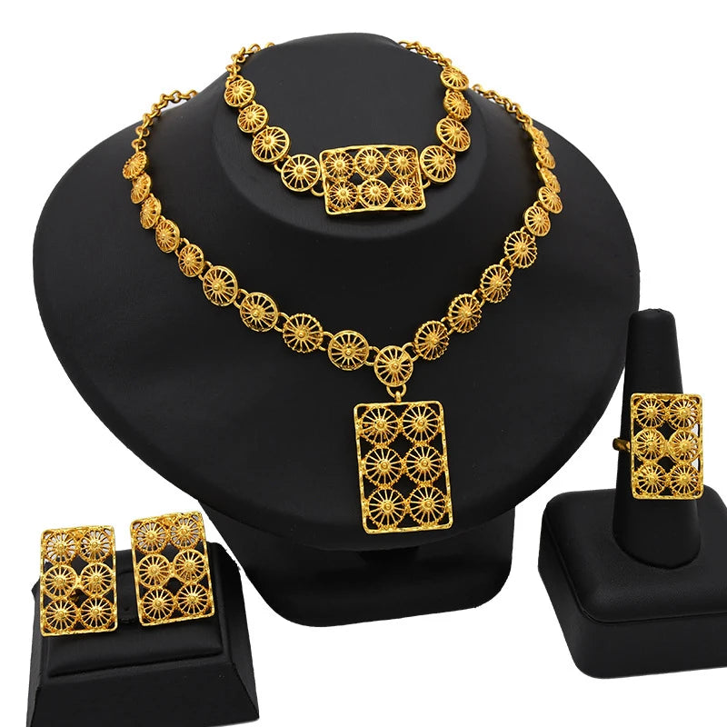 Conjunto de 4 peças banhadas a ouro para noivas, colar, brincos, anel, pulseiras, joias indianas femininas