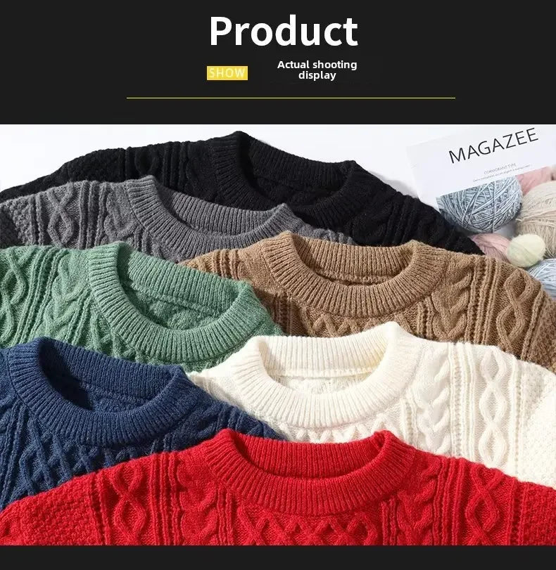 Suéter de malha da moda para homens, casual, gola redonda, quente, solto, pulôver, aconchegante, macio, flexível, moda outono inverno