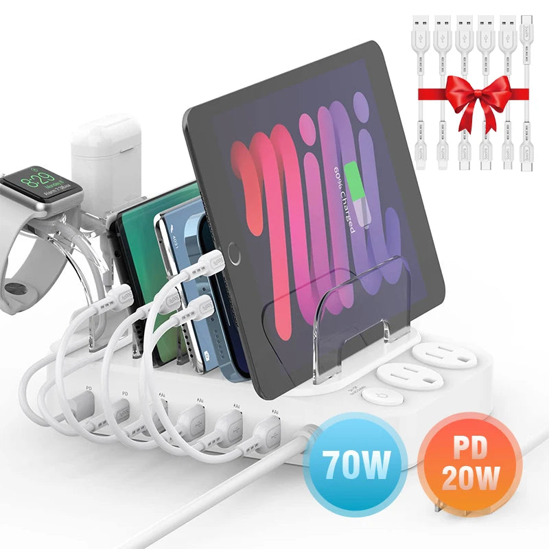 Estação de carregamento USB SooPii 50W/10A com 6 portas para casa e escritório. 6 cabos incluídos para telefones, tablets e outros eletrônicos.