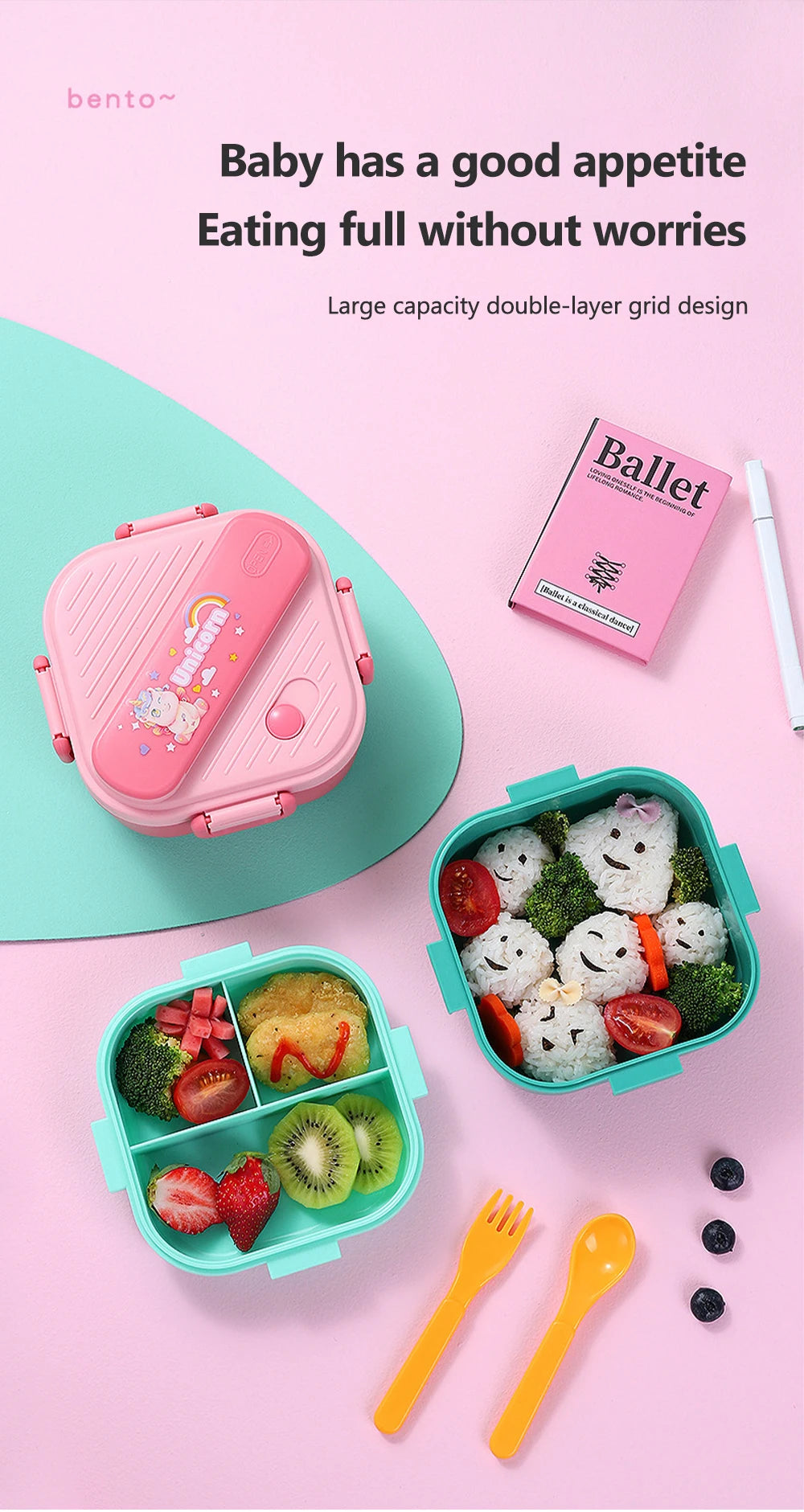 Lancheira de unicórnio com 3 grades para crianças, estudantes, sanduíche, frutas, recipiente para armazenamento de alimentos, caixa de bento de desenho animado para acampamento escolar