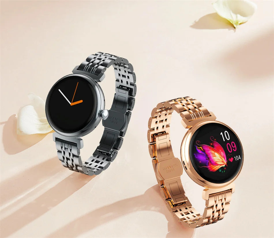 Relógio inteligente feminino moderno com tela AMOLED de 1,04 polegadas, tela sempre exibida, chamada Bluetooth, corpo de metal, tela pequena