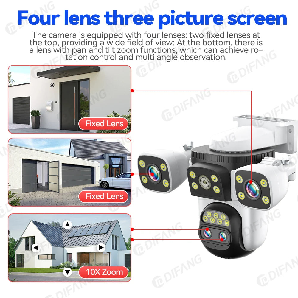 Câmera de segurança externa 10K WiFi6 com três telas, 20MP CCTV, câmera IP externa com zoom de 10X, 8K e 15MP, câmera de vigilância por vídeo