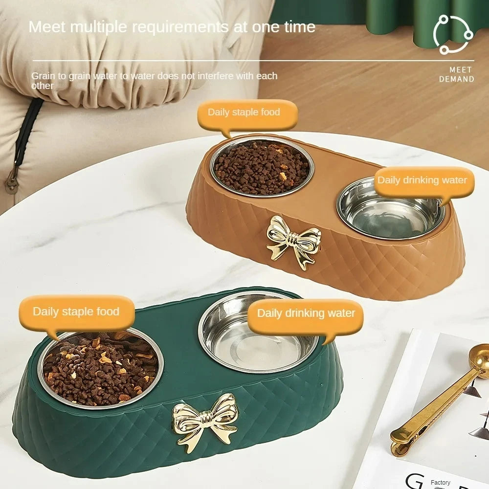 Tigela de comida para gatos com laço e laço para animais de estimação, tigela de PP com base para cães, tigela dupla de aço inoxidável, acessórios para animais de estimação, tigela dupla para alimentação e bebida
