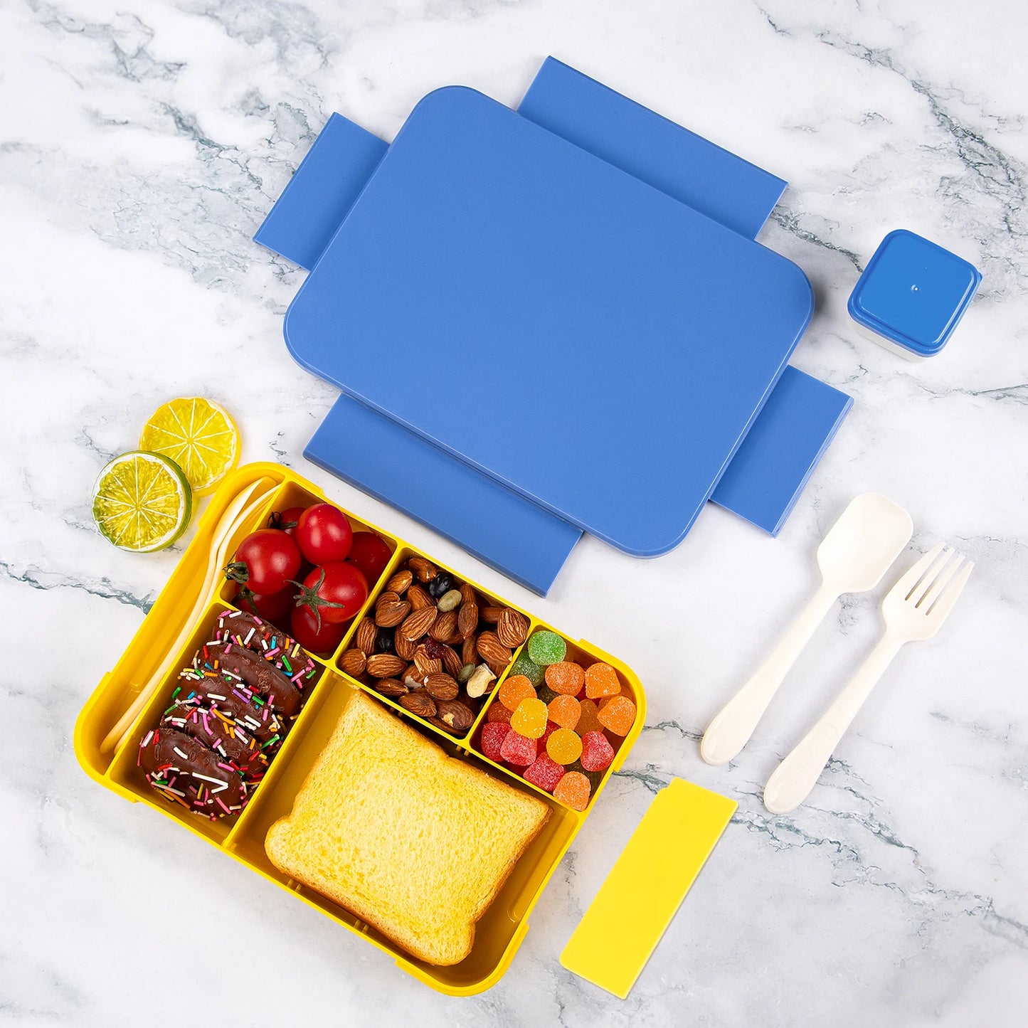 Lancheira Bento para adultos de 1330 ml, recipientes para alimentos com 6 compartimentos e utensílios de mesa para lanches, trabalho, escola, forno de micro-ondas, aquecimento