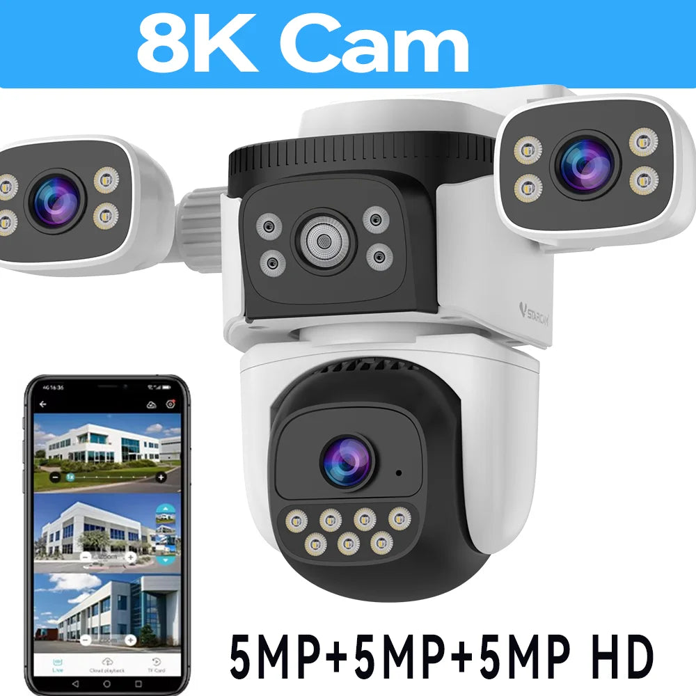 Câmera de segurança externa 10K WiFi6 com três telas, 20MP CCTV, câmera IP externa com zoom de 10X, 8K e 15MP, câmera de vigilância por vídeo