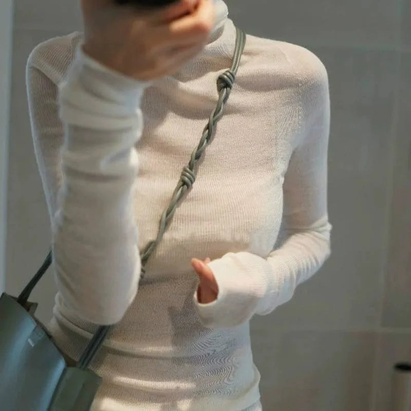Novo suéter de caxemira feminino outono/inverno 2023, gola alta, suéter ultrafino de lã com pelo