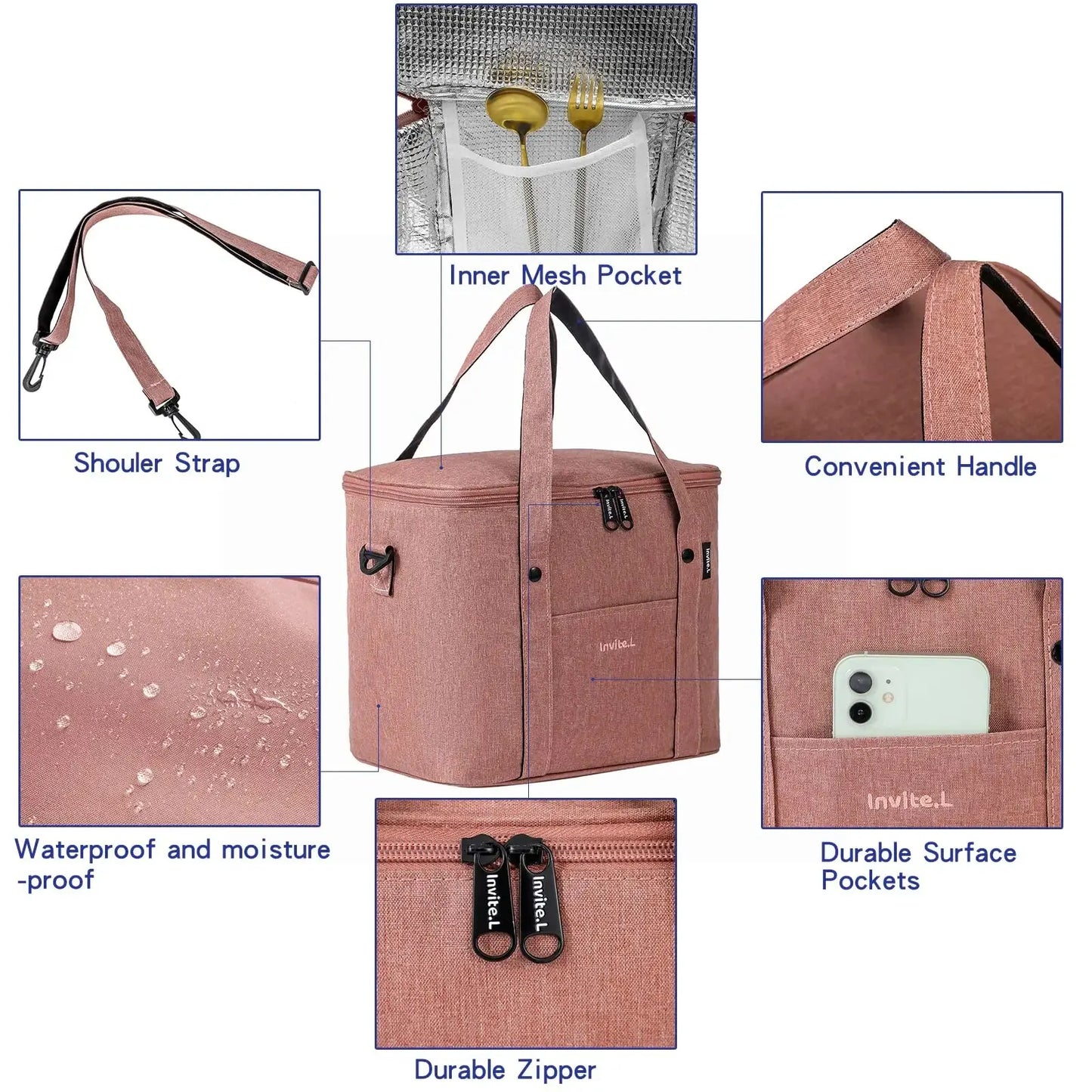 1 bolsa térmica para almoço para homens/mulheres, bolsa térmica grande reutilizável com alça de ombro para trabalho, escritório, piquenique, praia, viagem