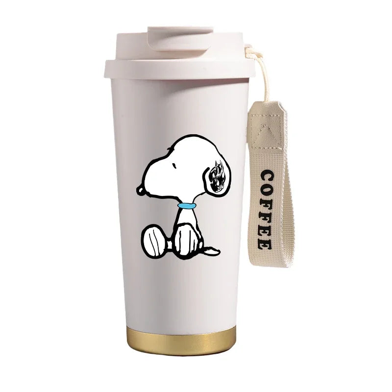 Garrafa térmica de aço inoxidável Snoopys 500ml, anime Kawaii, portátil, viagem, ar livre, carro, chá, café, caneca térmica fria