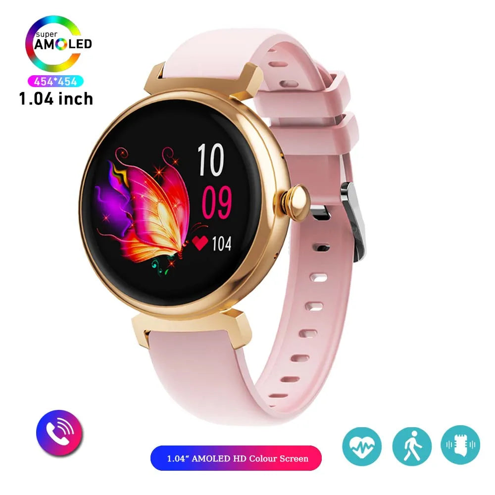 Relógio inteligente feminino moderno com tela AMOLED de 1,04 polegadas, tela sempre exibida, chamada Bluetooth, corpo de metal, tela pequena