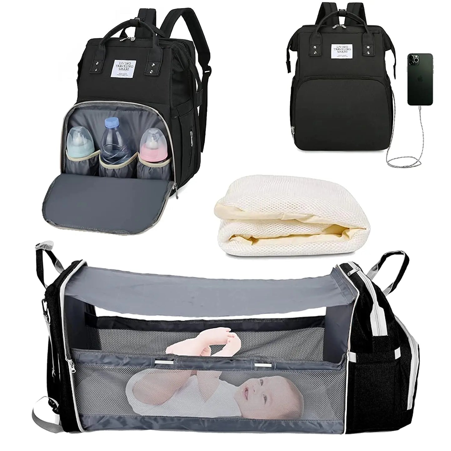 Mochila para fraldas 3 em 1, dobrável, para berço de bebê, à prova d'água, com carregador USB, mochila para fraldas e trocador, 3 tipos