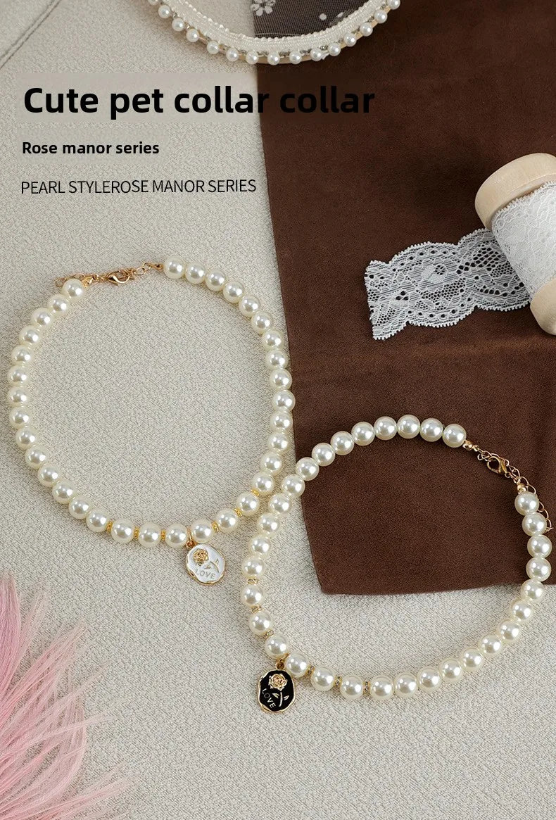 Pet Cat Collars Pearl Rose Pendant Necklace Cat Dog Pearl Collar Pet Pendant Cute High Beauty Retro Decoration Teddy Dog Collar