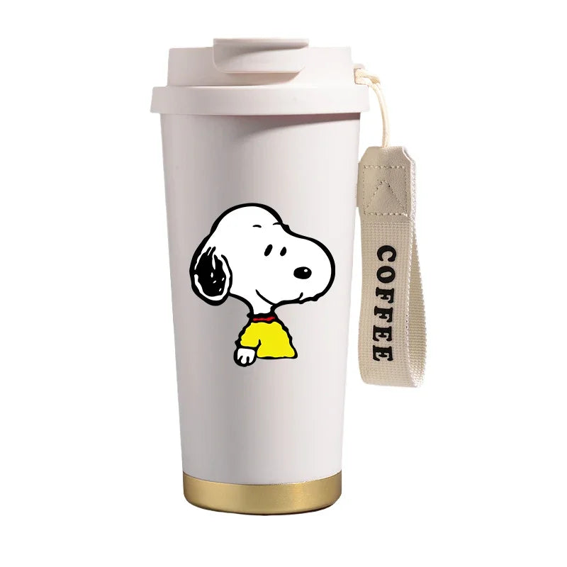 Garrafa térmica de aço inoxidável Snoopys 500ml, anime Kawaii, portátil, viagem, ar livre, carro, chá, café, caneca térmica fria