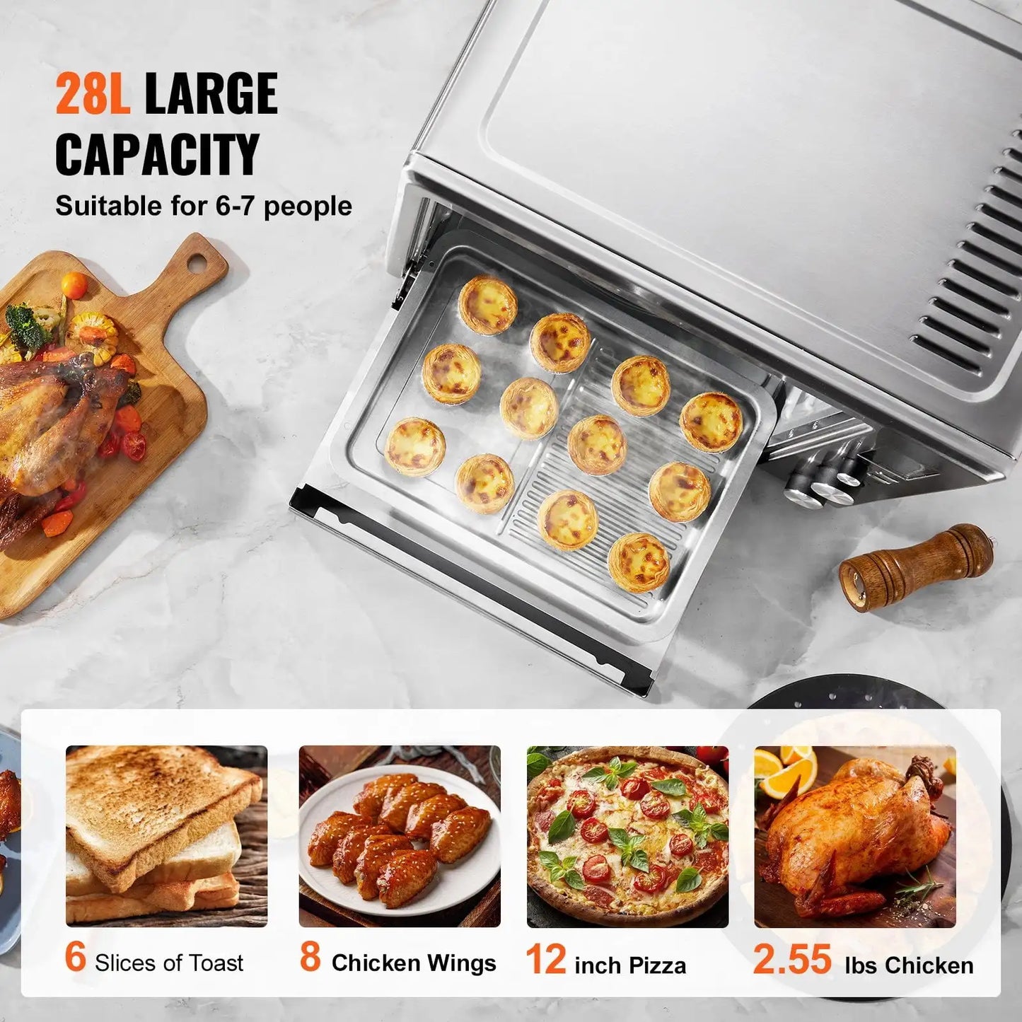 Forno de torradeira e fritadeira a ar 13 em 1, 28 L, 1800 W, forno de convecção para uso doméstico