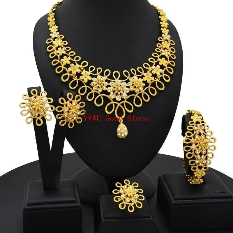 Conjunto de joias florais com strass dourados resistentes, acessório de moda portátil para noivas e festas noturnas