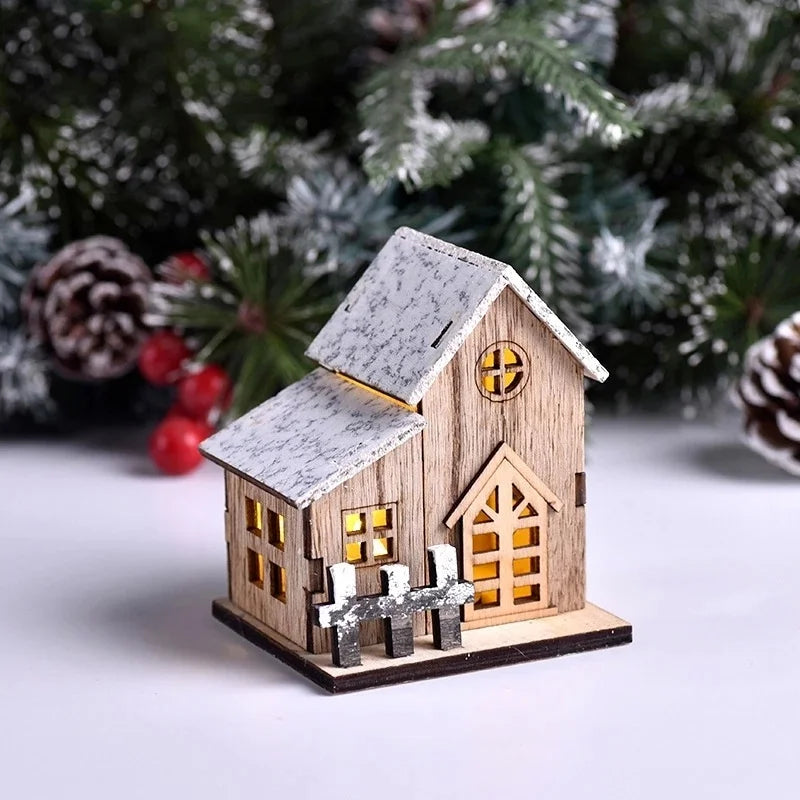 Cabana de madeira com luzes LED, enfeites de Natal, decorações de Natal para a família, cabana de Natal, presentes para crianças