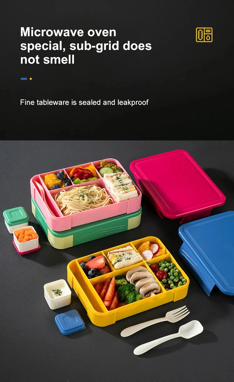 Lancheira Bento para adultos de 1330 ml, recipientes para alimentos com 6 compartimentos e utensílios de mesa para lanches, trabalho, escola, forno de micro-ondas, aquecimento