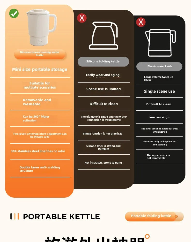 Chaleira dobrável para viagem, pequena chaleira dobrável portátil para áreas externas, aço inoxidável 304, chaleira elétrica