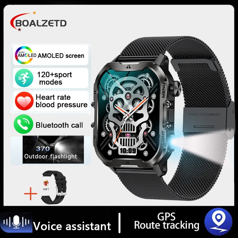 Novo relógio inteligente militar Xiaomi 2024 para homens, esportes ao ar livre, lanterna, fitness, monitor de saúde, 1,96" BT Call Smartwatch
