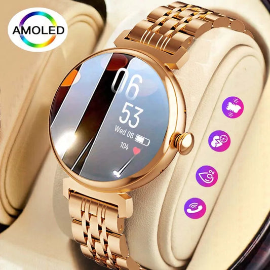 Relógio inteligente feminino moderno com tela AMOLED de 1,04 polegadas, tela sempre exibida, chamada Bluetooth, corpo de metal, tela pequena
