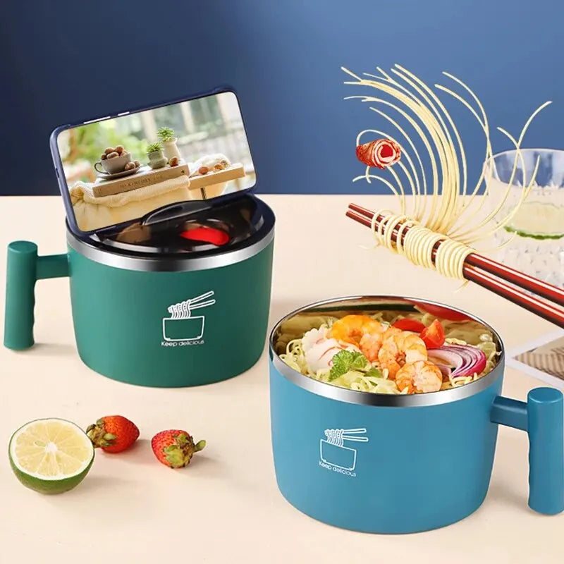 Tigela de aço inoxidável com tampa para macarrão instantâneo, tigela de drenagem selada e portátil para utensílios de cozinha, parceiro de macarrão instantâneo