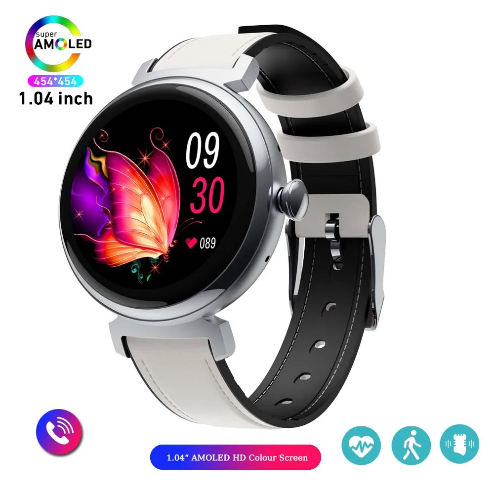 Relógio inteligente feminino moderno com tela AMOLED de 1,04 polegadas, tela sempre exibida, chamada Bluetooth, corpo de metal, tela pequena